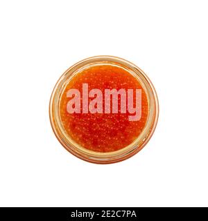 Red caviar in a glass jar isolated on white background with clipping path. Stock Photo