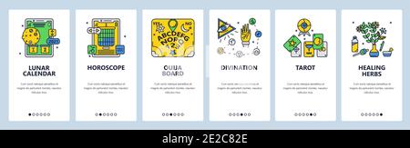 Mystery of horoscope, ouija board, divination, tarot, healing herbs. Mobile app screens, vector website banner template. Stock Vector