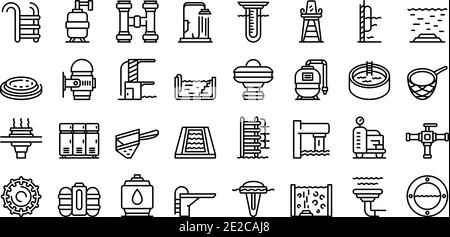Equipment for pool icons set. Outline set of equipment for pool vector icons for web design isolated on white background Stock Vector