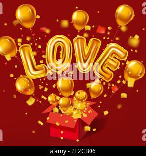 Open red gift box, Love gold helium metallic glossy balloons realistic, burst foil confetti. Background design happy Valentines Day, party, decoration Stock Vector