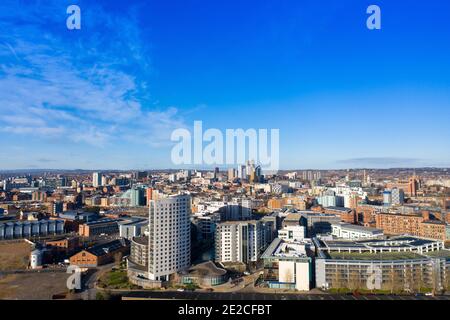 Aerial photo of the Leeds City Centre taken from the area known as The Leeds Dock taken in the winter time in a bright day Stock Photo