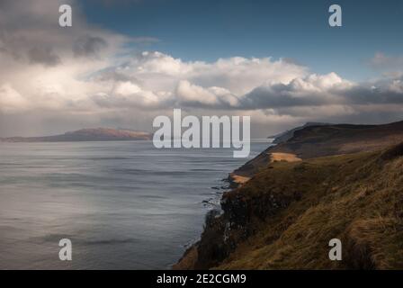 View looking south from the Trotternish peninsula down the Sound of Raasay towards the red Cuillin, Isle of Skye. Stock Photo