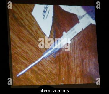 An syringe found in the bedroom of pop star Michael Jackson is shown in this photo projected on a screen and entered as evidence during Dr. Conrad Murray's trial in the death of pop star Michael Jackson in Los Angeles on October 05, 2011. Photo by Mario Anzuoni/Pool/ABACAPRESS.COM Stock Photo