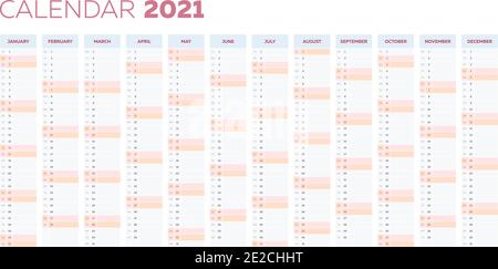 The 2021 calendar planner template with vertical monthly columns Stock Vector
