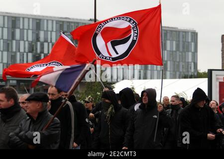 Some of the 600 French and Belgium far-right demonstrators shout slogans as they take part in a protest in Lille, northern France on October 8, 2011. Photo by Sylvain Lefevre/ABACAPRESS.COM Stock Photo