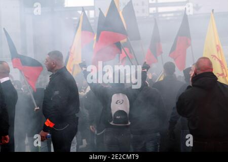 Some of the 600 French and Belgium far-right demonstrators shout slogans as they take part in a protest in Lille, northern France on October 8, 2011. Photo by Sylvain Lefevre/ABACAPRESS.COM Stock Photo