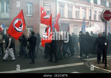 Some of the 600 French and Belgium far-right demonstrators shout slogans as they take part in a protest in Lille, northern France on October 8, 2011. Photo by Sylvain Lefevre/ABACAPRESS.COM Stock Photo