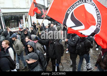 Some of the 600 French and Belgium far-right demonstrators shout slogans as they take part in a protest in Lille, northern France on October 8, 2011. Photo by Sylvain Lefevre/ABACAPRESS.COM Stock Photo