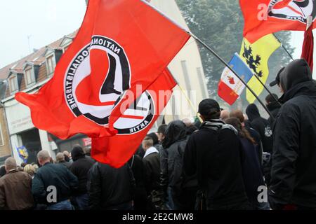 Some of the 600 French and Belgium far-right demonstrators shout slogans as they take part in a protest in Lille, northern France on October 8, 2011. Photo by Sylvain Lefevre/ABACAPRESS.COM Stock Photo