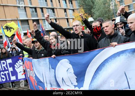 Some of the 600 French and Belgium far-right demonstrators shout slogans as they take part in a protest in Lille, northern France on October 8, 2011. Photo by Sylvain Lefevre/ABACAPRESS.COM Stock Photo