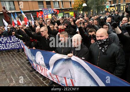 Some of the 600 French and Belgium far-right demonstrators shout slogans as they take part in a protest in Lille, northern France on October 8, 2011. Photo by Sylvain Lefevre/ABACAPRESS.COM Stock Photo