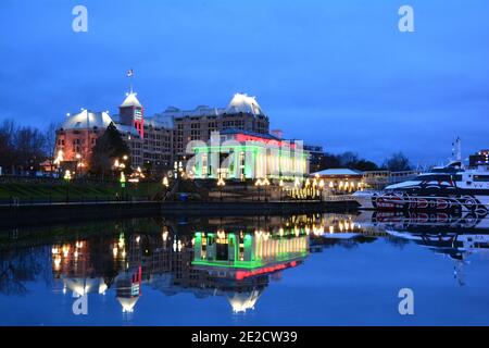 Victoria's beautiful inner harbor at Christmas time. Stock Photo