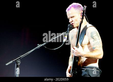 Bass player Flea, whose real name is Michael Peter Balzary, of the Red Hot Chili Peppers performs at the Paris-Bercy Concert Hall in Paris, France, October 18, 2011. Photo by ABACAPRESS.COM Stock Photo