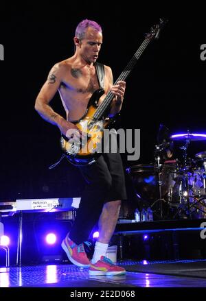 Bass player Flea, whose real name is Michael Peter Balzary, of the Red Hot Chili Peppers performs at the Paris-Bercy Concert Hall in Paris, France, October 18, 2011. Photo by ABACAPRESS.COM Stock Photo