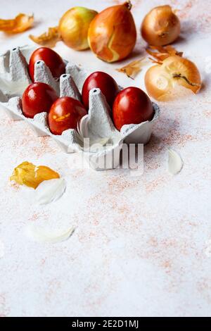 Easter eggs painted with natural dye onion, copy space Stock Photo
