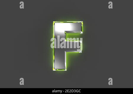 Grey metal alphabet with green polished glass made outline - letter F isolated on grey, 3D illustration of symbols Stock Photo