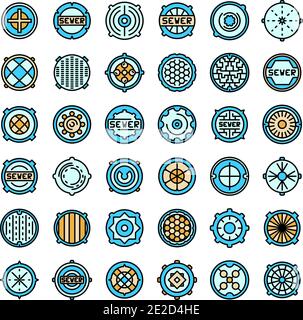 Manhole icons set. Outline set of manhole vector icons thin line color flat on white Stock Vector