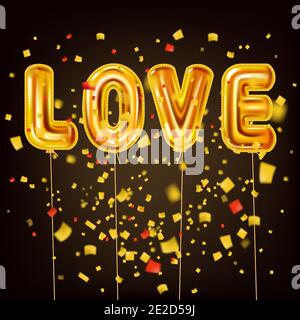 Love gold helium metallic glossy balloons realistic text, burst foil confetti. Background design happy Valentines Day, party, decoration, greeting Stock Vector