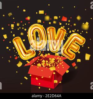 Open red gift box, Love gold helium metallic glossy balloons realistic, burst foil confetti. Background design happy Valentines Day, party, decoration Stock Vector