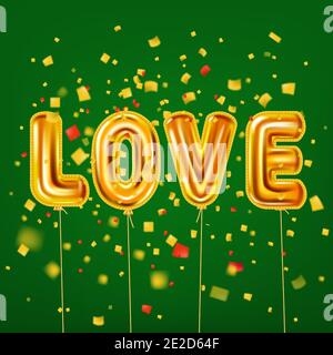 Love gold helium metallic glossy balloons realistic text, burst foil confetti. Background design happy Valentines Day, party, decoration, greeting Stock Vector