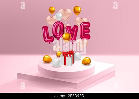 Inerior pedestal Love red helium metallic glossy balloons realistic text, box gift, heart shape flying pink balloons, party, decoration, greeting card Stock Vector
