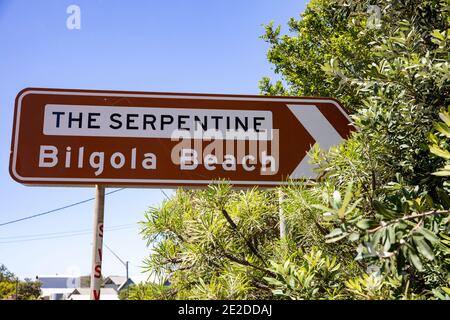 Brown tourist sign to Bilgola Beach on Sydney northern beaches,NSW,Australia Stock Photo