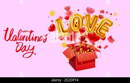 Happy Valentines day gift box open, Love gold helium metallic glossy balloons realistic, present with flying hearts, ballons gold and bright rays of Stock Vector