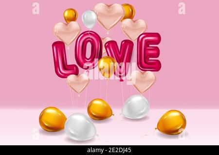 Love red helium metallic glossy balloons realistic text, inerior, heart shape flying pink balloons, party, decoration, greeting card. Vector banner Stock Vector