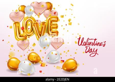 Happy Valentines Day, Love gold helium metallic glossy balloons realistic text, lettering, heart shape flying pink balloons, party, decoration Stock Vector