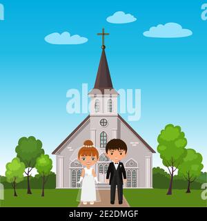 Wedding couple on background of church. Cartoon flat style. Vector illustration Stock Vector