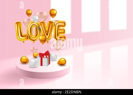 Love red helium metallic glossy balloons realistic, box gift, inerior pedestal, flying golden balloons, party, decoration, greeting card. Vector Stock Vector