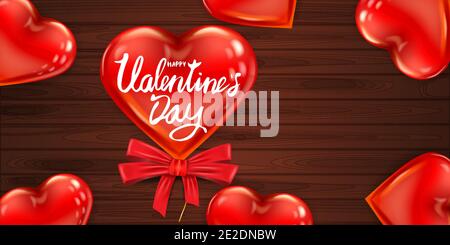 Happy Valentines Day red heart shape glossy balloon realistic, lettering, background wood table pink heart ballons, greeting card. Vector banner Stock Vector