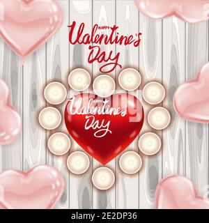 Happy Valentines Day red heart shape glossy balloon realistic, lettering, background wood table pink heart ballons, candles top view, greeting card Stock Vector