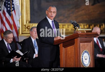NASA Administrator Charles Bolden speaks during a ceremony to present the Congressional Gold Medal to astronauts John Glenn, Neil Armstrong, Michael Collins and Buzz Aldrin inside the Rotunda of the U.S. Capitol November 16, 2011 in Washington, DC. Participants include Senate Majority Leader Harry Reid (D-Nev.); Senate Minority Leader Mitch McConnell (R-Ky.); House Speaker John Boehner (R-Ohio), House Minority Leader Nancy Pelosi (D-Calif.); and NASA Administrator Charles Bolden. Photo by Olivier Douliery/ABACAPRESS.COM Stock Photo