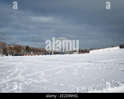 January 09, 2021 - View of Biosphere Environment Museum of Montreal in Jean Drapeau Park in a winter day Stock Photo