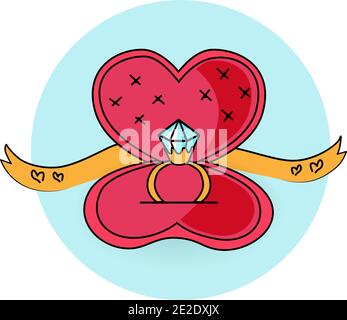 Diamond golden ring in shape of heart for Valentine's Day gift. Vector Illustration about love, wedding, engagement and marriage. Congratulation Postc Stock Vector