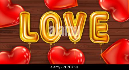 Love gold helium metallic glossy balloons realistic, red heart shape ballons background wood table, party, decoration, greeting card. Vector banner Stock Vector