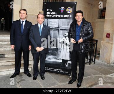 Paris Judiciary Police Director Christian Flaesch, Paris prefect Michel Gaudin and French actor and singer Patrick Bruel are pictured during a ceremony awarding the 65th Quai des Orfevres literary Price at police headquarters in Paris, France on November 22, 2011. Created in 1946, Quai des Orfevres literary Price rewards an unseen detective story, presented by a French language writter and choosen anonymously by a jury. This year the price was received by Pierre Borromee for 'L'Hermite etait pourpre'. Photo by Mousse/ABACAPRESS.COM Stock Photo