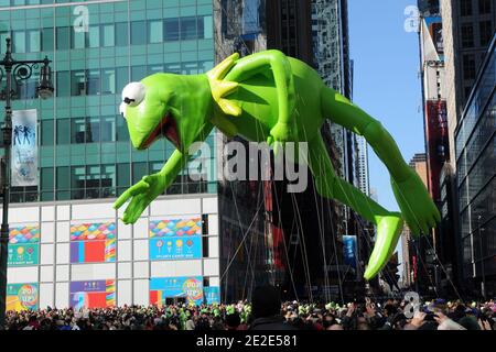 The Kermit the Frog balloon from the Muppets floats during Macy's Legendary Thanksgiving Day Parade in New York City, NY, USA on November 24, 2011. Photo by IKN/ABACAPRESS.COM Stock Photo