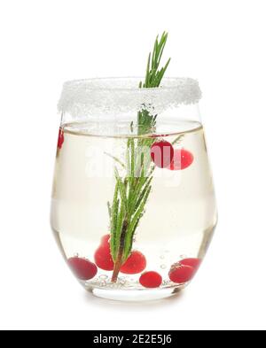 Glass of champagne cocktail with cranberry and rosemary on white background Stock Photo