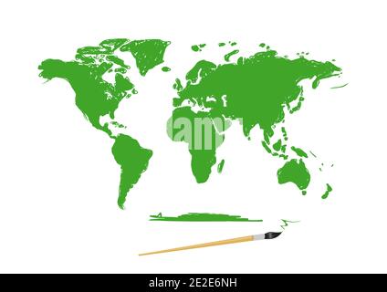drawing green world map on white background Stock Vector