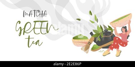 Matcha green tea banner or flyer design with female character, flat vector illustration. Stock Vector