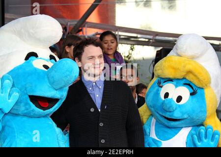 Anton Yelchin, The Smurfs, The Smurfs being honored with the Hand and Footprint Ceremony at Ceremony at Grauman's Chinese Theater in Hollywood, Ca, USA. December 14, 2011. Photo by Baxter/ABACAPRESS.COM Stock Photo