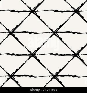 Isometric grunge brush line grid vector seamless pattern background. Minimal monochrome repeat backdrop. Linear geometric horizontal design. Modern Stock Vector