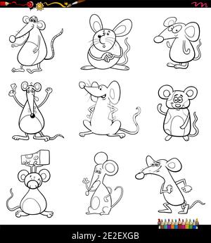 Black and white cartoon illustration of funny mice comic animal characters set coloring book page Stock Vector