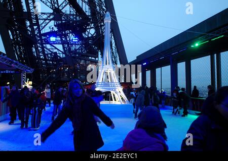 Skaters gliding along the ice on the first floor of the Eiffel Tower, 57 meters above ground level, on the first floor of the Eiffel Tower in Paris, France, December 20, 2011. The rink will only be in operation until February 1st. It is the second consecutive year that the ice skating rink opens in the Eiffel Tower. At 200 square meters (2,150 sq feet), it is only about a third of the size of New York's famed Rockefeller Center ice rink. Last year, more than 1,000 skaters visited the Tower's frozen surface, dubbed 'a popular success,' by organizers of the initiative. Skates can be hired for 5 Stock Photo