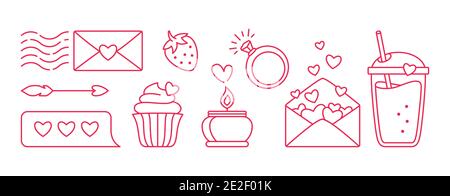 Valentine linear flat icon set. Happy Valentines Day symbol strawberry and cupcake letter. Minimal sign arrow message, confession and candle. Hand drawn love doodles. Flat Design Vector Illustration Stock Vector