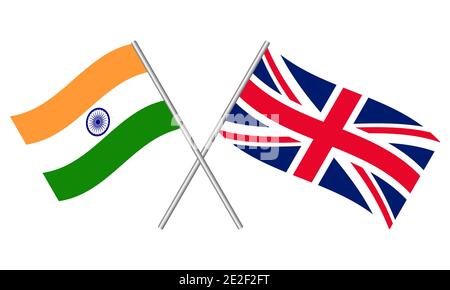 Crossed flags of India and United Kingdom. Vector illustration, india and union jack proportional and in original color Stock Vector