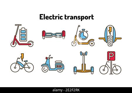 Electric transport color line icons set. Ecological vehicle: bicycle, monowheel, gyrobord, gyroscooter, scooter. Pictograms for web, mobile app, promo Stock Vector