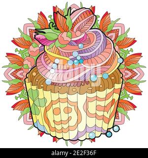 Vector piece of cake with abstract ornaments with mandala. Hand drawn illustration for t-shirt in zentangle, doodle style. Stock Vector